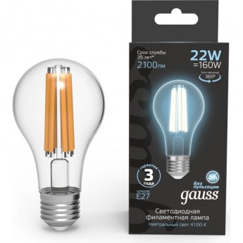 Лампа GAUSS FILAMENT А70 22W 2100lm 4100К Е27 LED