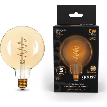 Лампа GAUSS FILAMENT G125 6W 360lm 2400К Е27 golden flexible LED