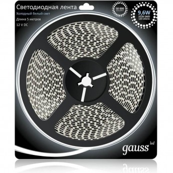Лента GAUSS LED 2835/120-SMD 9.6W 12V DC холодный белый (блистер 5 м)